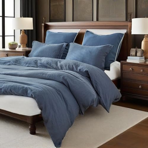 Simple&Opulence 100% Linen Duvet Cover Set, 3 PCS Classic Blue Duvet Cover King Size, Breathable Soft Comfy Linen Bedding Comforter Cover with 2 Pillowcases(Classic Blue, 104x92)