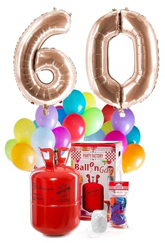 Party Factory – Helium Gasflasche 400L Komplett Set mit XXL Zahlenballon 60 Roségold – Partydeko Ballongas Flasche mit Folienballon, 30 Latexballons & 40m Ballonschnur – Für Geburtstage & Feiern
