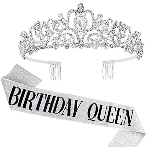 COCIDE Birthday Queen Sash & Tiara Set - Silver Birthday Sash and Tiara for Women - Rhinestone Headband for Girl - Glitter Crystal Hair Accessories for Party - Cake Topper