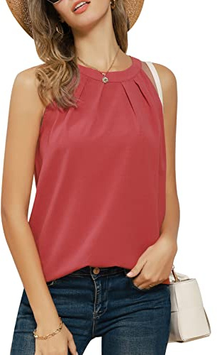 Camiseta Sin Mangas de Mujer Blusa de Tejido Liso con Tiras Cruzadas Decoradas Rojo M