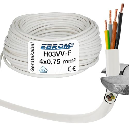 EBROM Tubo Flessibile in Plastica Rotondo, Cavo di Alimentazione H03VV-F 4 x 0,75 mm², Bianco, Lunghezze da 5 a 250 Metri