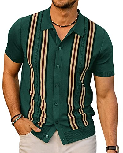 PJ PAUL JONES Mens Retro Striped Polo Shirt Short Sleeve Button Down Knitted Shirts Green XL
