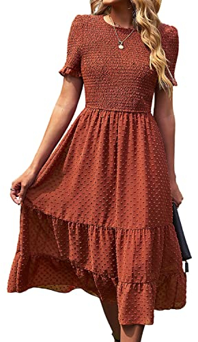 BebreezChic Sommerkleid Damen Midi Elegant Knielang Swiss Dot Luftiges Frühling Festlich Maxikleid Kurzarm Freizeitkleid, Orange-Rot XL