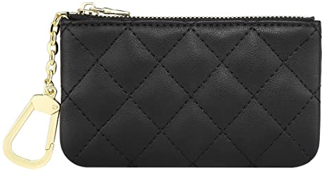 Premium echtes Vollnarbenleder Mini Geldbörse Schlüsselanhänger Tasche Kartenhalter für Männer Frauen, Schwarz gesteppt – LG, Classic