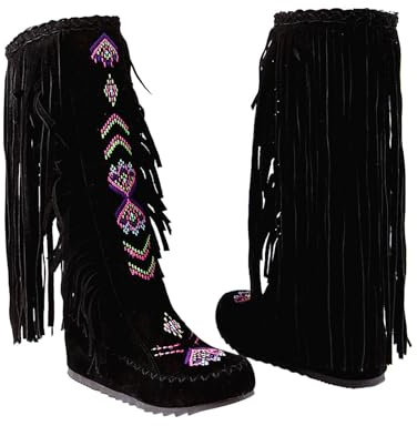 ESSUE Botte Haute Jusqu'au Genou Femme Western Frange Botte Décontractées Respirantes Bottes de cowboy confortables Bottes hautes pour femme à talon plat Goth Punk Style Bottes