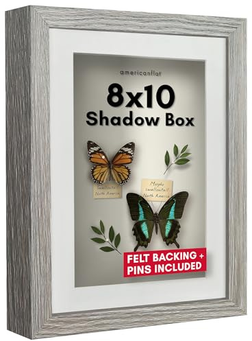 Americanflat 8x10 Shadow Box Frame with Shatter-Resistant Glass - Use as 6x8 Frame with Mat or 8x10 Without Mat - Silhouette Collection - Driftwood with Soft Felt Back