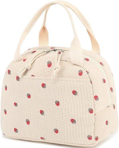 Kunoli Insulated Lunchs Bag for Women, Strawberry White Children's Lunch Bag for School, Boite a Lunch Femme Cooler Bag Insulated Leakproof Womens Lunch Bag for Work, School, BBQ