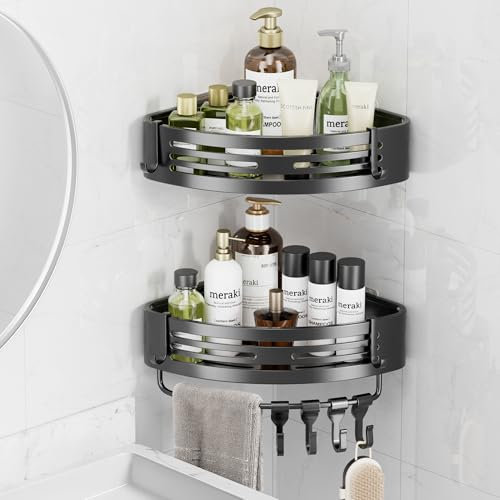 LUCUHM Corner Shower Caddy – 2 Pack Bathroom Storage Shelves No Drilling With Towel Bar – Stick on Adhesive Shower Organiser Caddy with Hooks – Corner Tidy Rack for Shampoo Gel