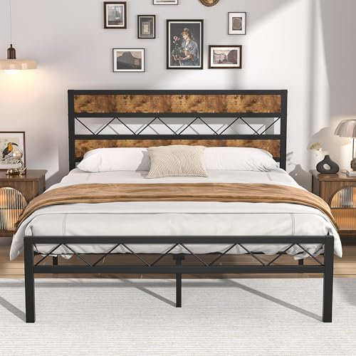 VECELO 4ft6 Double Bed Frame with Wooden Headboard, 135x190 cm Metal Platform, Heavy Duty Metal Slats Support, Mattress Base No Box Spring Needed, No Noise, Easy Assembly, Retro Brown