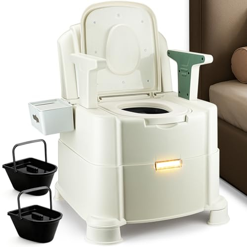 HygiVital Bedside Commode, 880lbs Heavy Duty & Upgraded Commode Toilet Potty Chair, Portable Camping Toilet, Detachable Armrests, Automatic LED Light, 2-Level Height, 3 Rolls of Commode Liners 【Green】