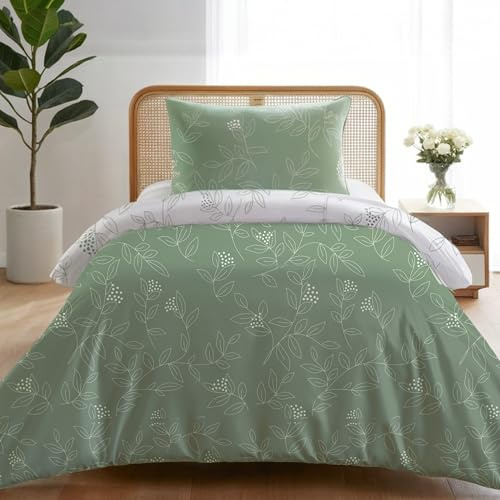 Dreamzie Funda Nordica Cama 90 – Funda Nordica 135x200cm, Funda de Almohada 80x80cm – Microfibra 100% – Certificado Oeko Tex – Estampado Hojas Verde Salvia