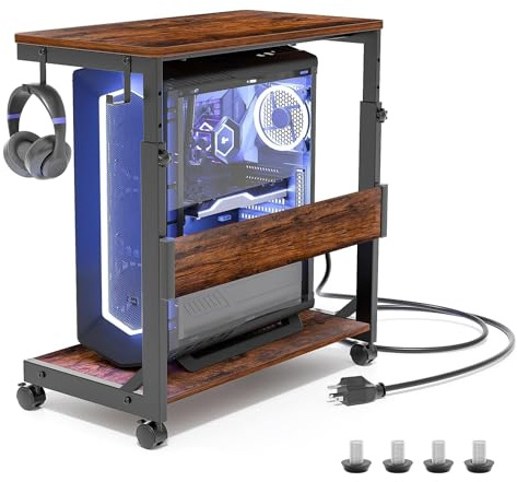 Height Adjustable Computer Tower Stand with 2-Tier ATX-Case Cart, Floor Standing Computer stand, Printer Stand With Storage Space, locking casters, fits most computers (Dark Brown, Large)