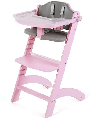 Cowiewie New Upgrade 3-in-1 Convertible Wooden High Chair for Babies & Toddlers 10 Levels Adjustable 3-Tier Remove 2 Waterproof Cozy Cushions Pink