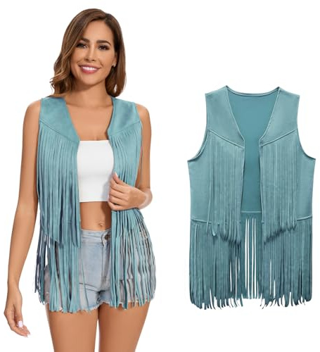 XonyiCos Gilet hippie à franges pour femme années 70 et 60 - Gilet de cowgirl western en daim synthétique - Veste en cuir synthétique - Costume de carnaval et de jeux de rôle