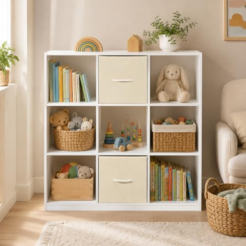 Soayone Estanteria Infantil y Juvenil Estanteria Libros Infantil con 2 Cajones de Tela Mueble Organizador Juguetes Multiuso para Habitacion y Salon Estructura Estable 97.5 x 30 x 100 cm Blanco