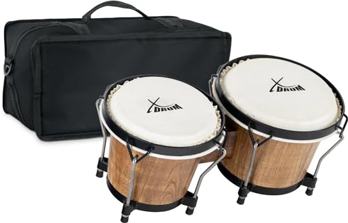 XDrum PERC Bongos Club Tobacco - 2 tambores de 6 y 7 - Bongos con parches naturales afinables y llave de afinación - Tambores de madera Tobacco - Set incl. bolsa acolchada para bongos de nylon