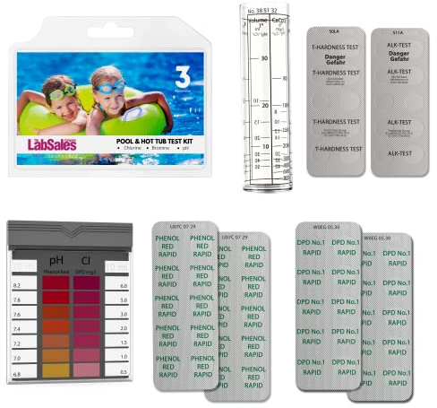 Labsales Badtunna, spa och poolvatten 5-i-1 testkit för pH, klor, brom, alkaliskt och hårdhet, enkelt test för kemikalier, glöm testremsor, resultat på några sekunder