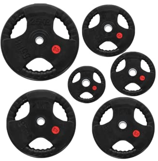 Strongway® Weight Plates Discs for Barbell Bar - 1 Inch (1) / 25mm Hole - Rubber Coated Cast Iron Weights – Tri Grip - Range of Weights and Sizes 2.5KG 5KG 10KG 15KG 20KG (10KG X 2)