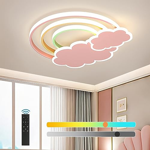 KZT LED Lámpara de Techo Habitación Infantil Regulable Luz de Techo con Mando a Distancia Moderna Nubes Blancas Dibujos Arcoiris Plafones de Techo para Bebé Dormitorio Niño y Niña Salon Balcony
