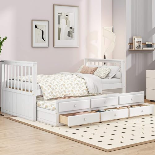 HYUB Cama Individual de Madera Maciza 90 x 200 cm Con 3 Cajones, Sofá Con Respaldo y Nido, Marco y Somier Estable, Estilo Sencillo, Color Blanco