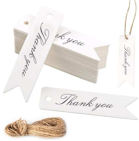 Mini etichette regalo di ringraziamento, 100 pezzi, in carta kraft bianca, con cordino, piccole etichette di ringraziamento per bomboniere, 7 x 2 cm