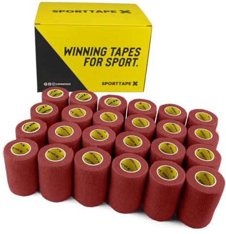 SPORTTAPE Self-Adhesive Cohesive Bandage, 24 Rolls - 7.5cm x 4.5m, Maroon | Compression & Vet Wrap for Dogs, Horses, Sports Stretch Tape for Football, Ankles, Joints, Fingers, Wrists & Sock Tape