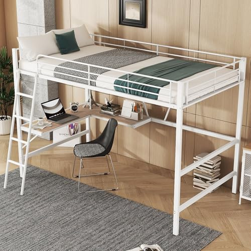 boorbin Cama alta, 90 x 200 cm, estructura de metal, cama alta con escritorio en forma de L y estante para niños, adolescentes y adultos, sin colchón, blanco (204,5 x 149 x 180,5 cm)