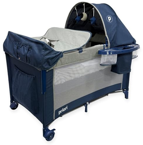 Priori Baby Halley Cuna Colecho Convertible 2 en 1 para Bebé – Portátil con Cambiador, Toldo y Juguetes, Regulable en Altura con Malla Transpirable Ruedas con Freno y Colchón Suave, Hasta 15 kg (Azul)