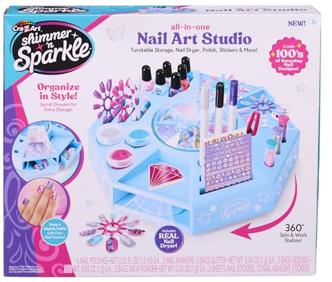 CRA-Z-Art Shimmer N Sparkle All-in-One-Nagelkunst-Studio mit 360 Drehteller, echter funktionierender Nageltrockner und Aufbewahrungsfächern, inklusive Nagellack, Nagelaufkleber