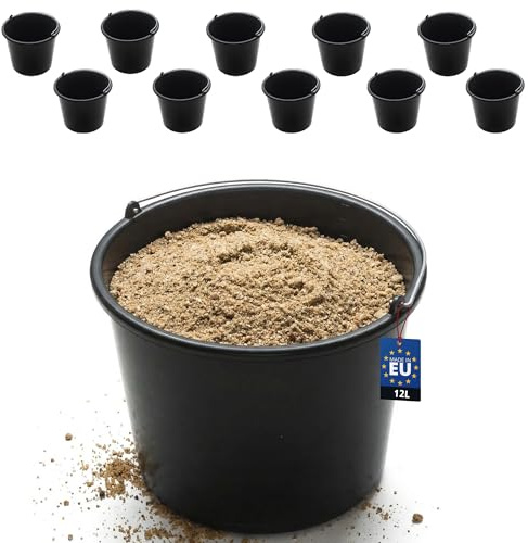 BAKOKI Juego de 10 Cubos para mortero de 12 litros de Polietileno de Baja Densidad Reciclado con Diadema de Metal y Escala Interior, Cubo de hormigón, Cemento, Cubo de Limpieza y Cubo de Agua para