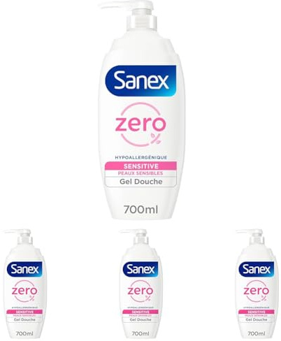 SANEX - Pompe Gel douche Zéro Sensitive Pompe - Peaux sensibles - sans savon - Hypoallergénique - 700ml (Lot de 4)