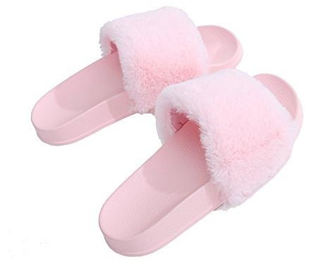APIKA Femmes Flip Flop Faux Fourrure Slipper Fuzzy Fluffy Comfy Sliders Open Toe Slip sur(40 EU, Rose)
