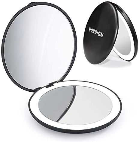 wobsion LED Spiegel mit 1X / 10X Vergrößerung,Kleiner Reisespiegel mit Licht für Beleuchtung,Batteriebetrieben Taschenspiegel für Reise und Makeup,Tragbarer Handspiegel als Geschenk,Schwarz