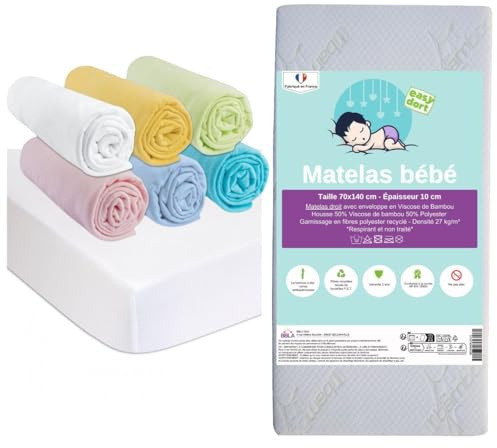 Easy Dort Babymadrass 50 x 100/50 x 100 cm vintage spjälsäng + 6 lakan, 50 x 100 bomull + 2 bomullshanddukar | babysängssats | Oeko-Tex certifierad | tillverkning Frankrike och EU