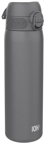 ION8 Botella Agua Acero Inoxidable Termica, 500ml, a Prueba de Fugas, Fácil de Abrir, Cerradura Segura, Aptas para Lavavajillas, Adapta a Portavasos, Asa de Transporte, Resistente a Rayones, Gris