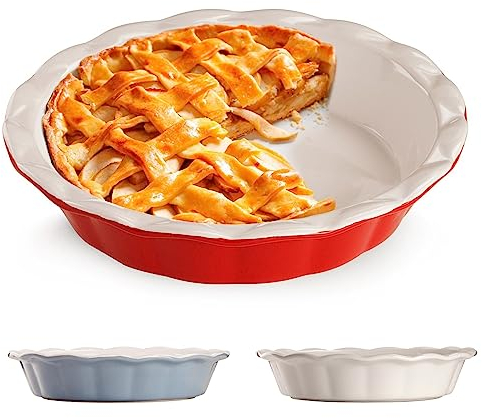 Muldale 9 Inch Pie Dish - 23cm Round Ceramic Pie Dishes for The Oven - Individual Fluted Deep Apple Pumpkin Pie Dish - Steak Meat Pie Pan - Red