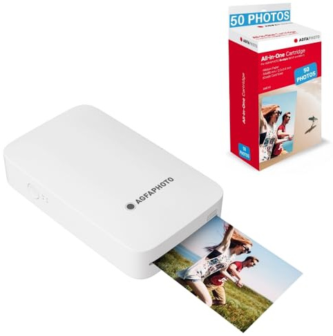 AGFA PHOTO - Realipix Mini P skrivarpaket + AMC-patroner och papper för 50 foton - fotoskrivarstorlek 5,3 x 8,6 cm via Bluetooth - 4Pass termisk sublimering - vit