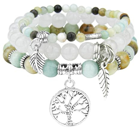 JUZICHEN 3 stycken boho armband set kvinnor kvinnor, yoga armband 17–24 cm, natursten armband med livets trädhänge, sommar färgglada armband för kvinnor