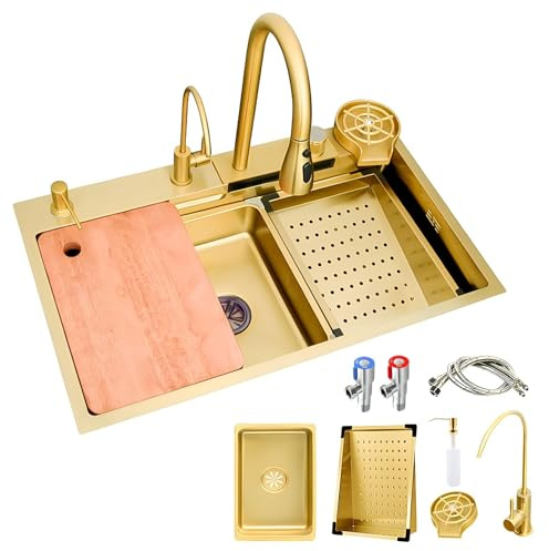AIVANOTO Évier De Cuisine Cascade Doré, avec Robinet Extractible, Petit Lavabo, Lave-gobelet, Kits De Vidange, Évier De Bar De Cuisine en Acier Inoxydable, Grand Évier À Une Cuve(Gold,75x45x21cm)