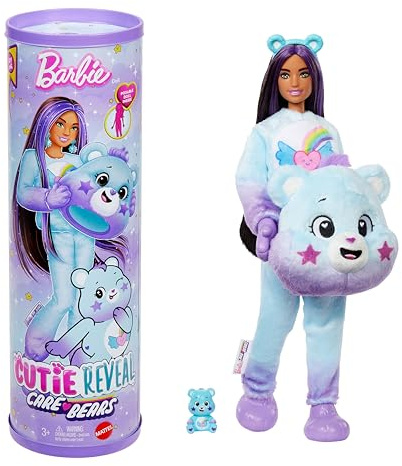 Barbie Cutie Reveal Care Bears Serie 2 Dream Bright Bear Muñeca y accesorios con 10 sorpresas, incluye cambio de color y un osito en miniatura, JFV61