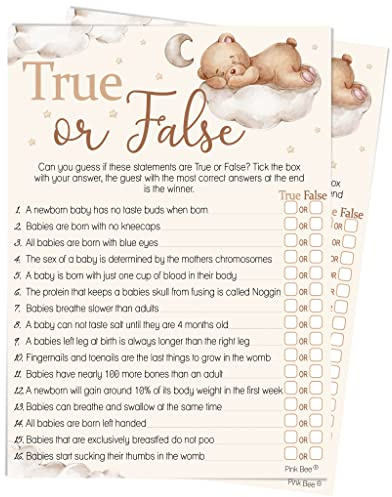 Pink Bee Parties True or False Baby Shower Game in Teddy Bear Theme - 40 Players
