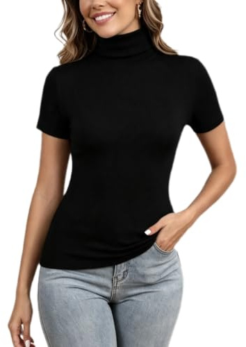 T-shirt med hög hals korta ärmar för kvinnor tröjor stickad tröja basic tunn stretch smal passform pullover vinter vår höst mode bekväm klassisk ledig, svart, XXL