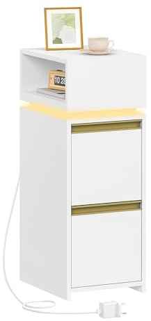 HEXCELEN Slim Bedside Table, Bedside Cabinet with LED Lighting, Small Nightstand with 2 Drawers and 1 Open Space, Side Table, for Bedroom, Living Room, Modern, White