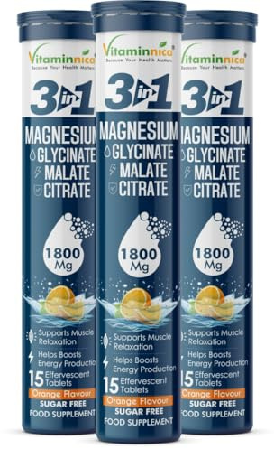 Vitaminnica Magnesium 3-in-1-45 Effervescent Tablets Orange Flavour | High Absorption Magnesium Malate, Citrate & Glycinate – Energy, Muscle Function & Relaxation – Sugar Free