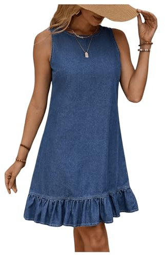 Vagbalena Robe Courte en Jean sans Manches à Volants et Boutons dans Le Dos pour Femme décontractée Ample Mignonne été sans Manches Coupe trapèze