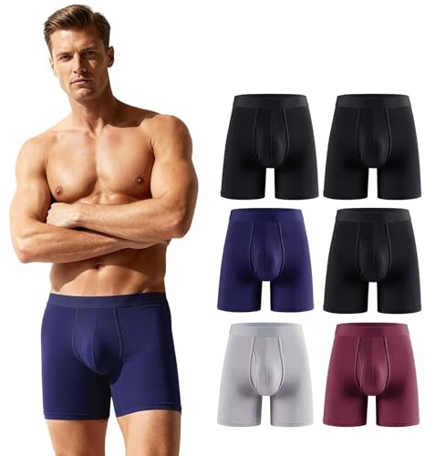 ZAKASA Mens Boxers Shorts Bamboo: Long Leg Underwear Underpants Trunks Open Fly Tagless Moisture Wicking Daily Wear 6 Pack