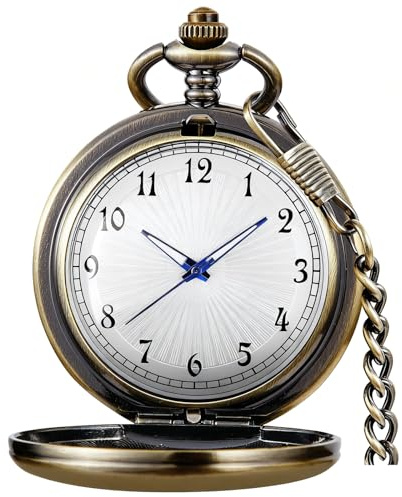 Tiong Reloj de bolsillo clásico retro de cuarzo de acero suave, relojes de bolsillo vintage para hombres y mujeres, números arábigos, esfera blanca con cadena para cumpleaños y graduación, bronce (68