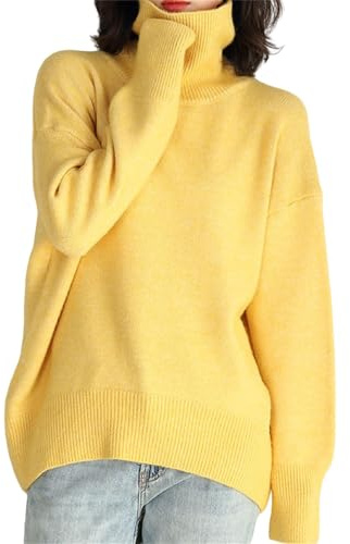 Jersey de cuello polo para mujer, de gran tamaño, grueso, de punto trenzado, para otoño e invierno, suéter de punto de cuello alto, suéter de punto, elegante, casual, cuello alto, Za-amarillo, L