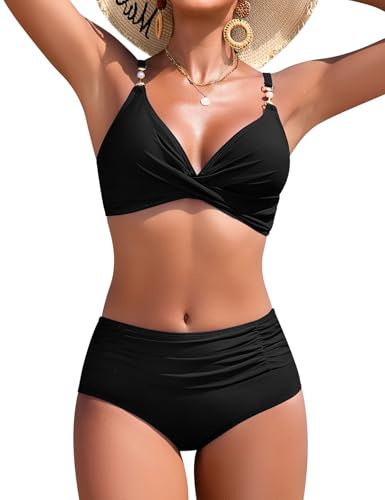 Nadeer Maillot De Bain Femme 2 Pieces Torsadé Taille Haute Ensemble Bikini Col en V Slim Contrôle du Ventre Deux Pièces avec Perles Élégant Swimsuit Swimwear de Plage Été