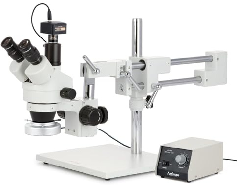 AmScope SM-4TZ-80M-5M Digital Professional Trinocular Stereo Zoom Microscope, WH10x Eyepieces, 3.5X-90X Magnification, 0.7X-4.5X Zoom Objective, 80-Bulb LED Ring Light with Rheostat, Double-Arm Boom Stand, 110V-240V, Includes 0.5X and 2.0X Barlow Lenses and 5MP Camera with Reduction Lens and Software